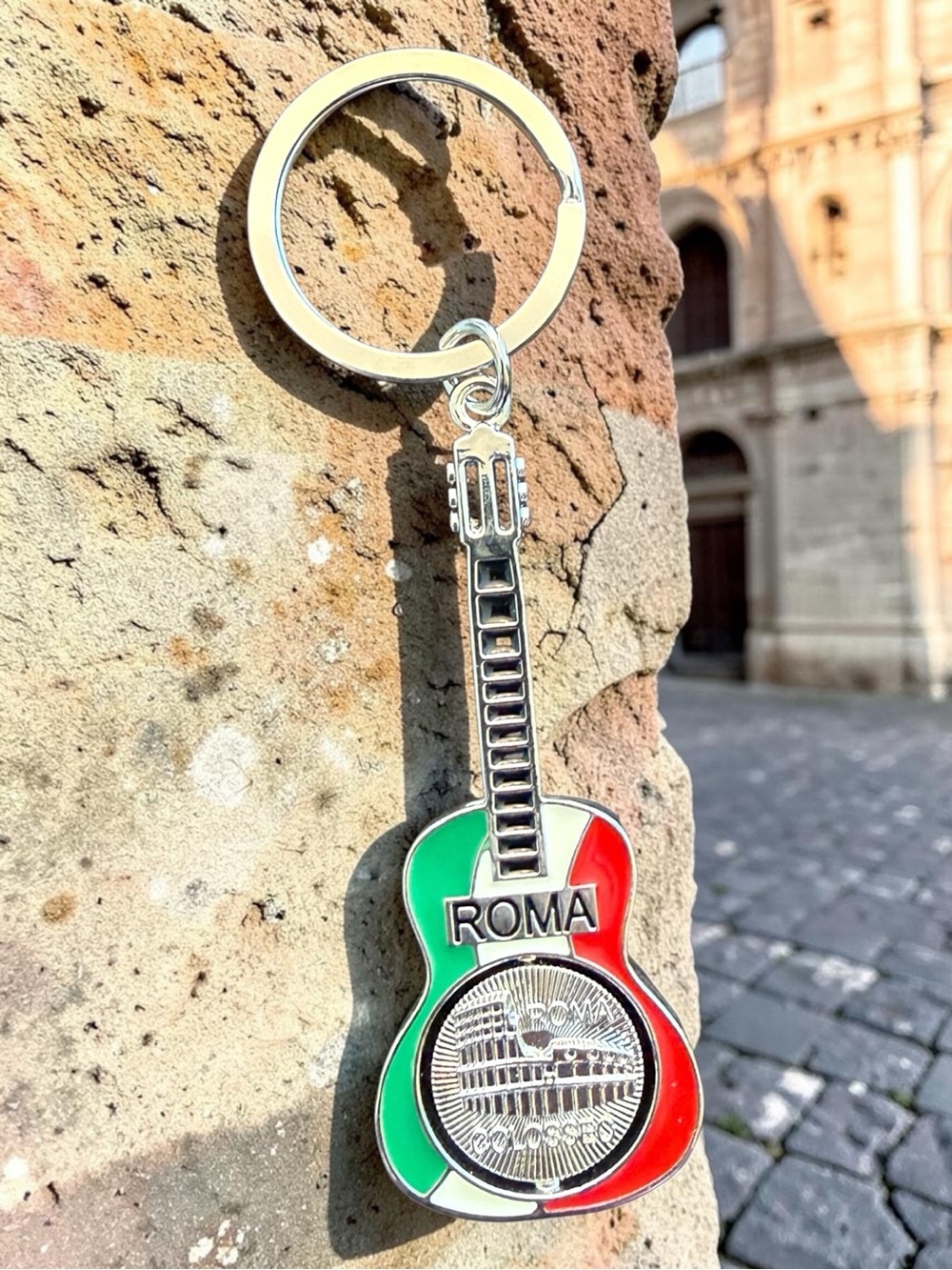 Roma/Italia Guitar Keychain - Silver Metal with Green, White & Red Accents